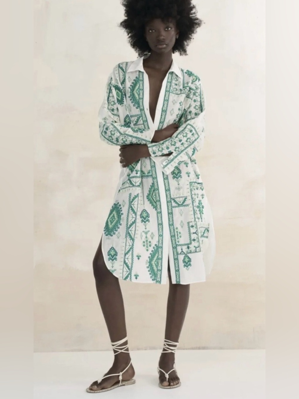 ZARA White Green Aztec Embroidered Tunic Long Shirt Dress Boho Coverup Size S
